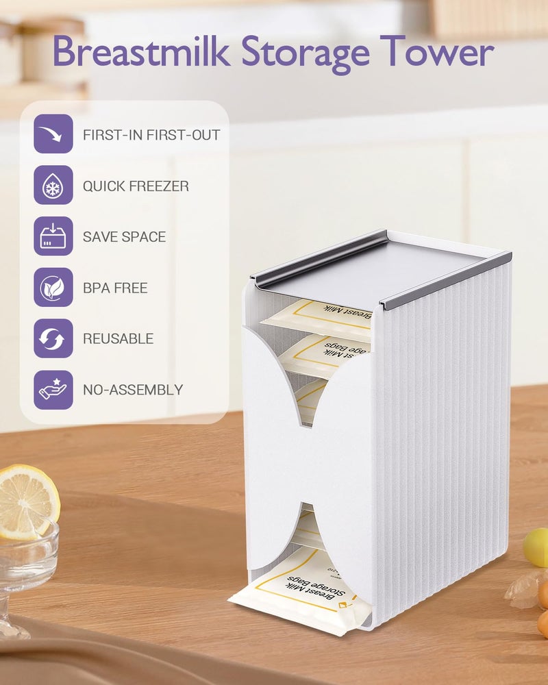 E1vee1 Freeze Organizer and Tower for Breastmilk Storage Bags, First-in First-Out Container Storing System with Quick-Freeze Tray to Freezing Breastmilk, Reusable and Breastfeeding Essentials - Image 2
